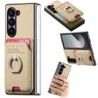 For Samsung Galaxy Z Fold5 5G Twill Fabric Card Bag Ring Magnetic Back Phone Case(Khaki) - 1