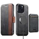 For iPhone 15 Suteni Q07S2 3-in-1 Detachable Vertical Flip Wallet MagSafe Splicing Leather Phone Case(Black) - 1