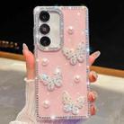 For Samsung Galaxy S24 FE 5G Diamond Glitter Pearl Butterfly Four-Corner Shockproof Phone Case(Light Pink) - 1