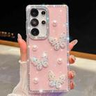 For Samsung Galaxy S23 Ultra 5G Diamond Glitter Pearl Butterfly Four-Corner Shockproof Phone Case(Light Pink) - 1