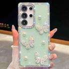 For Samsung Galaxy S23 Ultra 5G Diamond Glitter Pearl Butterfly Four-Corner Shockproof Phone Case(Light Green) - 1