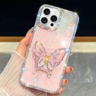 For iPhone 15 Pro Max Diamond Glitter Butterfly Holder Phone Case(Light Pink) - 1