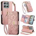 For Motorola Moto G15 / G15 Power Flowers Leaves Zipper Wallet Leather Phone Case with Strap(Pink) - 1