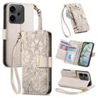 For OPPO Reno14 Glodal Flowers Leaves Zipper Wallet Leather Phone Case with Strap(Khaki) - 1