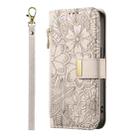 For OPPO Reno14 Glodal Flowers Leaves Zipper Wallet Leather Phone Case with Strap(Khaki) - 2