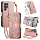For Oukitel C1 Flowers Leaves Zipper Wallet Leather Phone Case with Strap(Pink) - 1