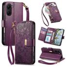 For Redmi A5 4G 171.7mm Flowers Leaves Zipper Wallet Leather Phone Case with Strap(Purple) - 1