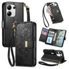 For Redmi Note 13 4G Flowers Leaves Zipper Wallet Leather Phone Case with Strap(Black) - 1