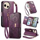 For Sharp Aquos Sense9 Flowers Leaves Zipper Wallet Leather Phone Case with Strap(Purple) - 1
