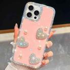 For iPhone 15 Pro Diamond Glitter Pearl Heart Four-Corner Shockproof Phone Case(Light Pink) - 1