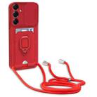 For Samsung Galaxy S24 5G Sliding Camshield Magnetic Card Holder Silicone Phone Case with Lanyard(Red) - 1