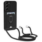 For Samsung Galaxy S23+ 5G Sliding Camshield Magnetic Card Holder Silicone Phone Case with Lanyard(Black) - 1