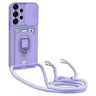 For Samsung Galaxy A53 5G Sliding Camshield Magnetic Card Holder Silicone Phone Case with Lanyard(Light Purple) - 1