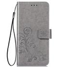 For iPhone 11 Four-leaf Clasp Embossed Buckle Mobile Phone Protection Leather Case with Lanyard & Card Slot & Wallet & Bracket Function (Gray) - 1