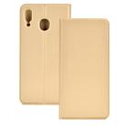 Electric Pressed Plain Texture Ultra-thin Magnetic Suction TPU + PU Leather Case with Holder & Card Slot for Galaxy M20(Gold) - 1