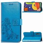 For Galaxy A50S Four-leaf Clasp Embossed Buckle Mobile Phone Protection Leather Case with Lanyard & Card Slot & Wallet & Bracket Function(Blue) - 1