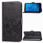 For Moto E6  Four-leaf Clasp Embossed Buckle Mobile Phone Protection Leather Case with Lanyard & Card Slot & Wallet & Bracket Function(Black) - 1