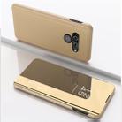 For LG Q60 Plating Mirror Left and Right Flip Cover with Bracket Holster(Gold) - 1
