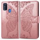 For Galaxy M30s  Butterfly Love Flower Embossed Horizontal Flip Leather Case with Bracket Lanyard Card Slot Wallet(Rose Gold) - 1