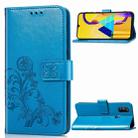 For Galaxy M30   Four-leaf Clasp Embossed Buckle Mobile Phone Protection Leather Case with Lanyard & Card Slot & Wallet & Bracket Function(Blue) - 1