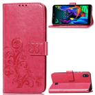 For LG K20 2019  Four-leaf Clasp Embossed Buckle Mobile Phone Protection Leather Case with Lanyard & Card Slot & Wallet & Bracket Function(Magenta) - 1