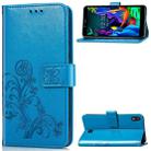 For LG K20 2019  Four-leaf Clasp Embossed Buckle Mobile Phone Protection Leather Case with Lanyard & Card Slot & Wallet & Bracket Function(Blue) - 1