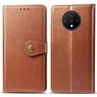 For One Plus 7T  Retro Solid Color Leather Buckle Mobile Phone Protection Leather Case with Photo Frame & Card Slot & Wallet & Bracket Function(Brown) - 1