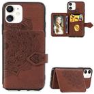 For iPhone 11    Mandala Embossed Cloth Card Case Mobile Phone Case with Magnetic and Bracket Function with Card Bag / Wallet / Photo Frame Function with Hand Strap(Brown) - 1