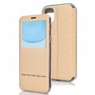 For iPhone 11  Matte Texture Horizontal Flip Bracket Mobile Phone Holster Window with Caller ID and Metal Button Slide To Unlock(Gold) - 1