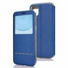 For iPhone 11  Matte Texture Horizontal Flip Bracket Mobile Phone Holster Window with Caller ID and Metal Button Slide To Unlock(Blue) - 1