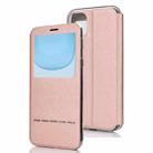 For iPhone 11  Matte Texture Horizontal Flip Bracket Mobile Phone Holster Window with Caller ID and Metal Button Slide To Unlock(Rose Gold) - 1