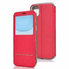 For iPhone 11  Matte Texture Horizontal Flip Bracket Mobile Phone Holster Window with Caller ID and Metal Button Slide To Unlock(Red) - 1