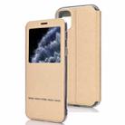 For iPhone 11 Pro Matte Texture Horizontal Flip Bracket Mobile Phone Holster Window with Caller ID and Metal Button Slide To Unlock(Gold) - 1