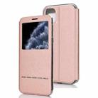 For iPhone 11 Pro Matte Texture Horizontal Flip Bracket Mobile Phone Holster Window with Caller ID and Metal Button Slide To Unlock(Rose Gold) - 1