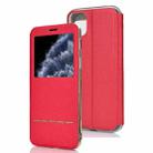 For iPhone 11 Pro Matte Texture Horizontal Flip Bracket Mobile Phone Holster Window with Caller ID and Metal Button Slide To Unlock(Red) - 1