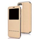 For iPhone 11 Pro Max Matte Texture Horizontal Flip Bracket Mobile Phone Holster Window with Caller ID and Metal Button Slide To Unlock(Gold) - 1