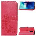 For One Plus 7T Pro Four-leaf Clasp Embossed Buckle Mobile Phone Protection Leather Case with Lanyard & Card Slot & Wallet & Bracket Function(Magenta) - 1