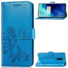 For One Plus 7T Pro Four-leaf Clasp Embossed Buckle Mobile Phone Protection Leather Case with Lanyard & Card Slot & Wallet & Bracket Function(Blue) - 1