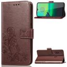 For Motorola G8 Play Four-leaf Clasp Embossed Buckle Mobile Phone Protection Leather Case with Lanyard & Card Slot & Wallet & Bracket Function(Brown) - 1