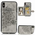 For iPhone X/XS  Mandala Embossed Magnetic Cloth PU + TPU + PC Case with Holder & Card Slots & Wallet & Photo Frame & Strap(Gray) - 1