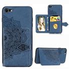For iPhone SE 2022 / SE 2020 / 8 / 7  Mandala Embossed Magnetic Cloth PU + TPU + PC Case with Holder & Card Slots & Wallet & Photo Frame & Strap(Blue) - 1