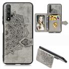 For Huawei Honor 20 Mandala Embossed Magnetic Cloth PU + TPU + PC Case with Holder & Card Slots & Wallet & Photo Frame & Strap(Gray) - 1