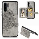 For Huawei P30 Pro Mandala Embossed Magnetic Cloth PU + TPU + PC Case with Holder & Card Slots & Wallet & Photo Frame & Strap(Gray) - 1