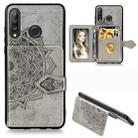 For Huawei P30 Lite Mandala Embossed Magnetic Cloth PU + TPU + PC Case with Holder & Card Slots & Wallet & Photo Frame & Strap(Gray) - 1