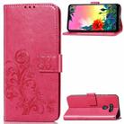 For LG K50S Four-leaf Clasp Embossed Buckle Mobile Phone Protection Leather Case with Lanyard & Card Slot & Wallet & Bracket Function(Magenta) - 1