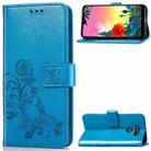 For LG K50S Four-leaf Clasp Embossed Buckle Mobile Phone Protection Leather Case with Lanyard & Card Slot & Wallet & Bracket Function(Blue) - 1