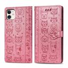 For iPhone 11 Cute Cat and Dog Embossed Horizontal Flip PU Leather Case with Holder / Card Slot / Wallet / Lanyard(Pink) - 1