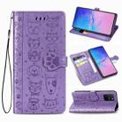 For Galaxy S10 Lite/A91 Cute Cat and Dog Embossed Horizontal Flip Leather Case with Bracket / Card Slot / Wallet / Lanyard(Purple) - 1