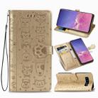 For Galaxy S10 Cute Cat and Dog Embossed Horizontal Flip Leather Case with Bracket / Card Slot / Wallet / Lanyard(Gold) - 1