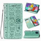 For Galaxy A71 Cute Cat and Dog Embossed Horizontal Flip Leather Case with Bracket / Card Slot / Wallet / Lanyard(Green) - 1